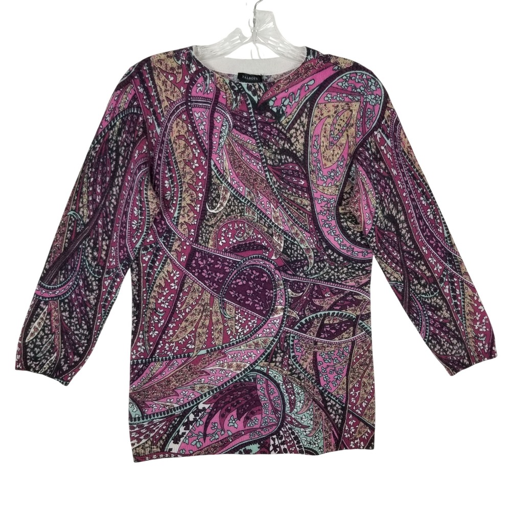 Talbots‎ Sweater Womens Small Pink Paisley 100% Pure Cashmere Crew Neck Pullover